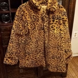 Leopard print faux fur coat.